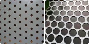 Visning av perforerade aluminiumpaneler med olika öppna ytor