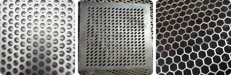 Exemplos de padrões de perfuração furos redondos, furos hexagonais e perfurações de ranhuras