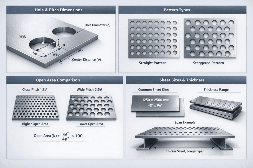 3D rendered diagram explaining stainless steel round hole perforated sheet specifications, global sheet sizes, hole patterns, open area calculation, and thickness options.