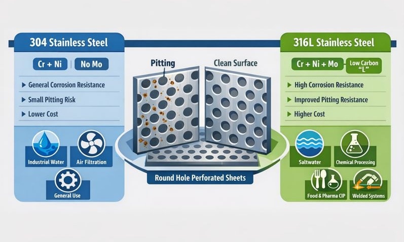 304와 316L 스테인리스 스틸 원형 구멍 천공 시트를 비교한 개략도